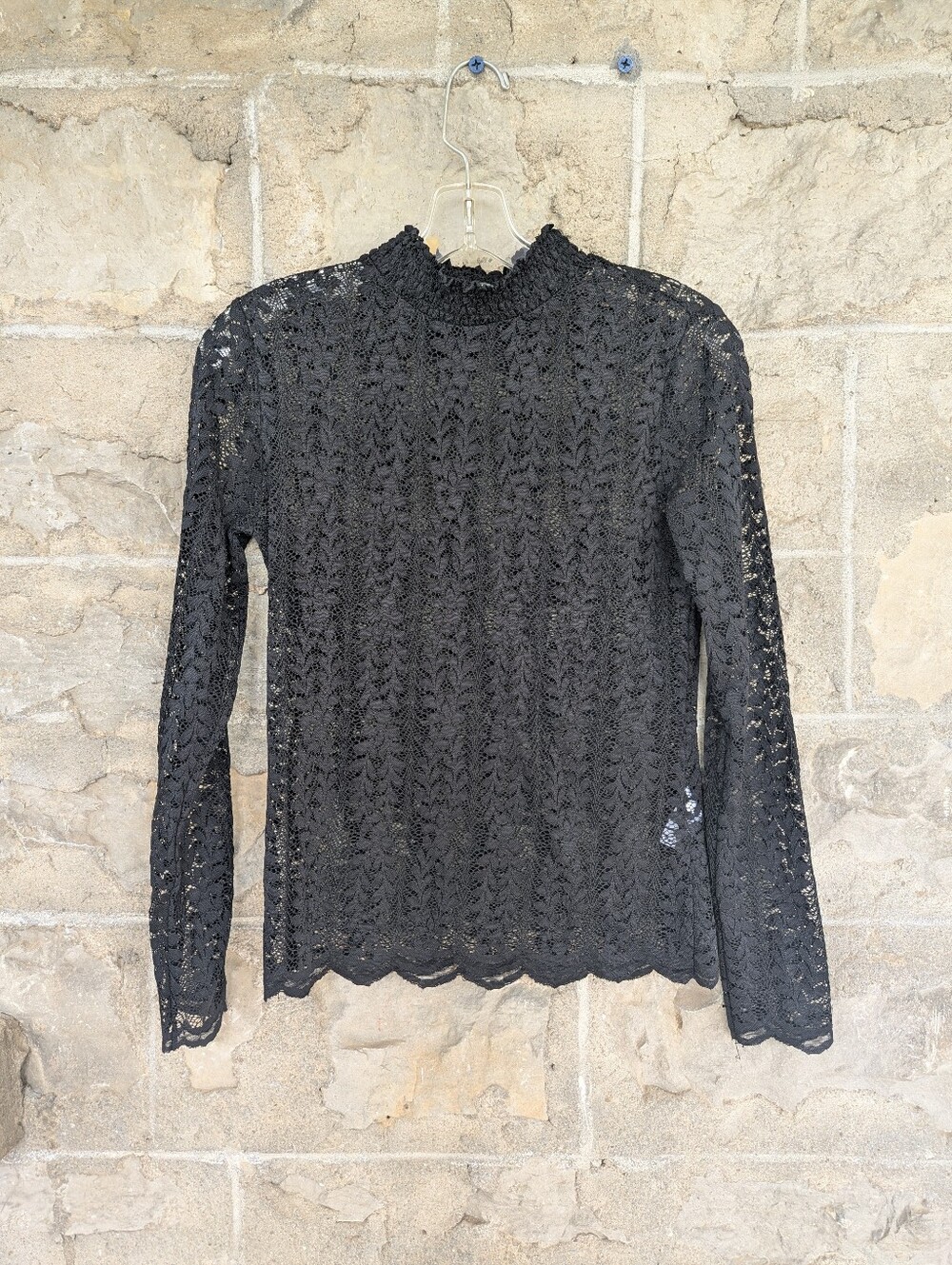 Women's Sheer Black Lace Long-Sleeve High Neck Top Layering